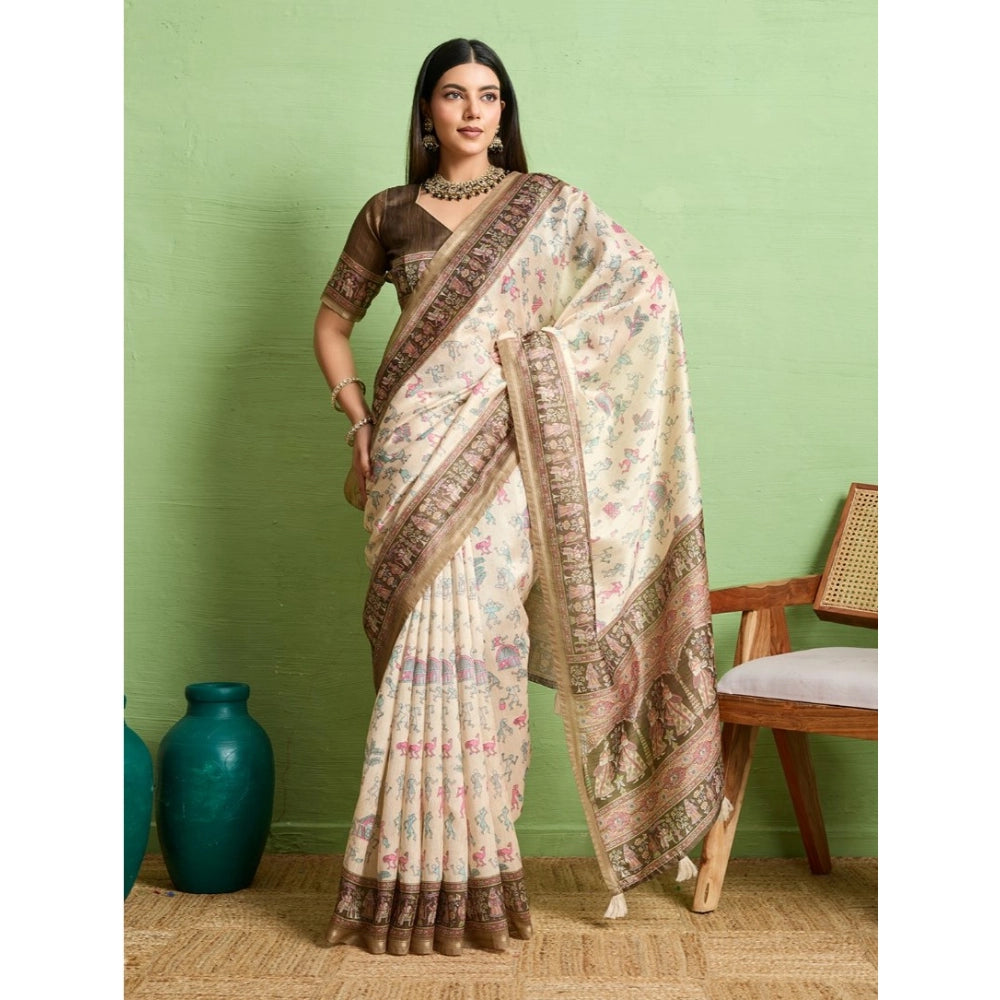 Seduva Women's Silk Blend Printed Saree With Unstitched Blouse 5.5Mtr (Cream)