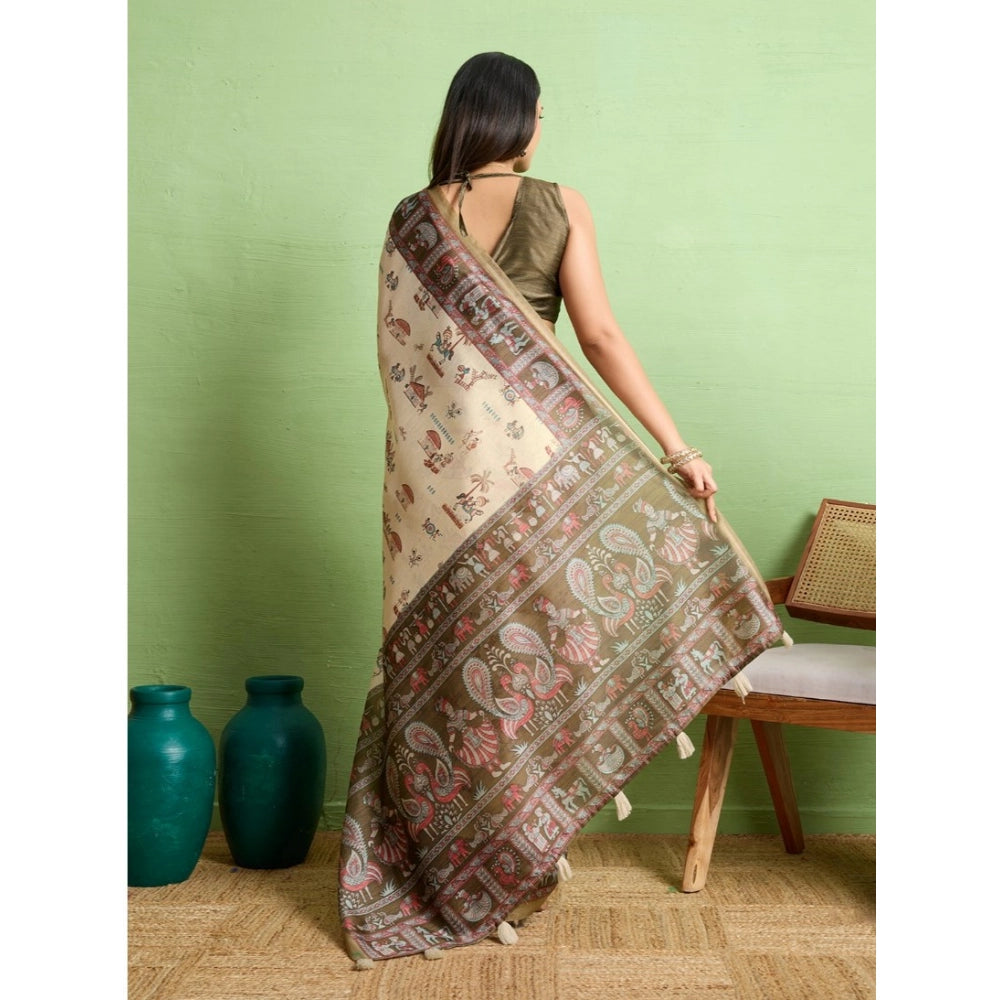 Seduva Women's Silk Blend Printed Saree With Unstitched Blouse 5.5Mtr (Cream)