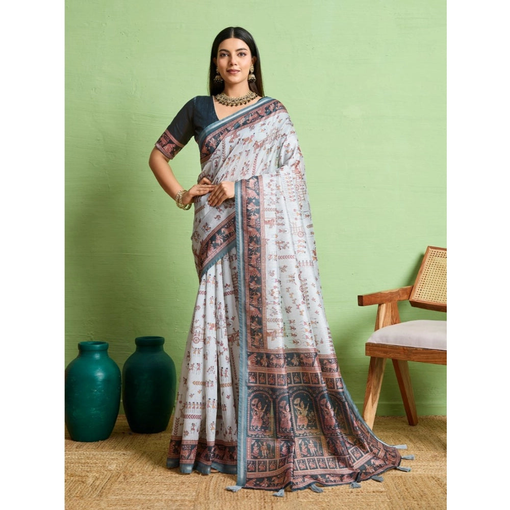 Seduva Women's Silk Blend Printed Saree With Unstitched Blouse 5.5Mtr (Grey)
