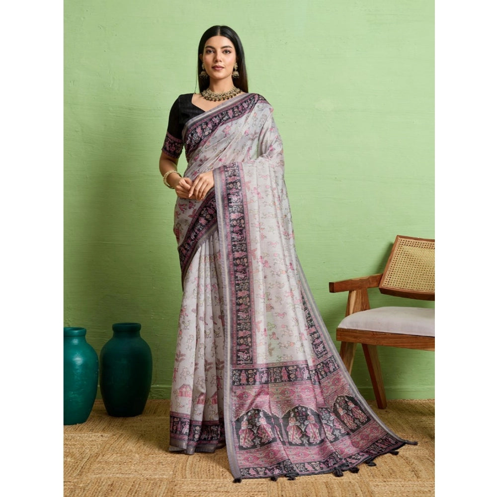 Seduva Women's Silk Blend Printed Saree With Unstitched Blouse 5.5Mtr (Grey)