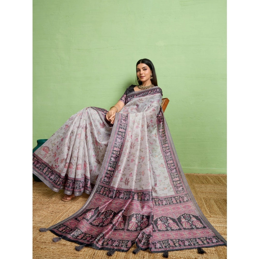 Seduva Women's Silk Blend Printed Saree With Unstitched Blouse 5.5Mtr (Grey)
