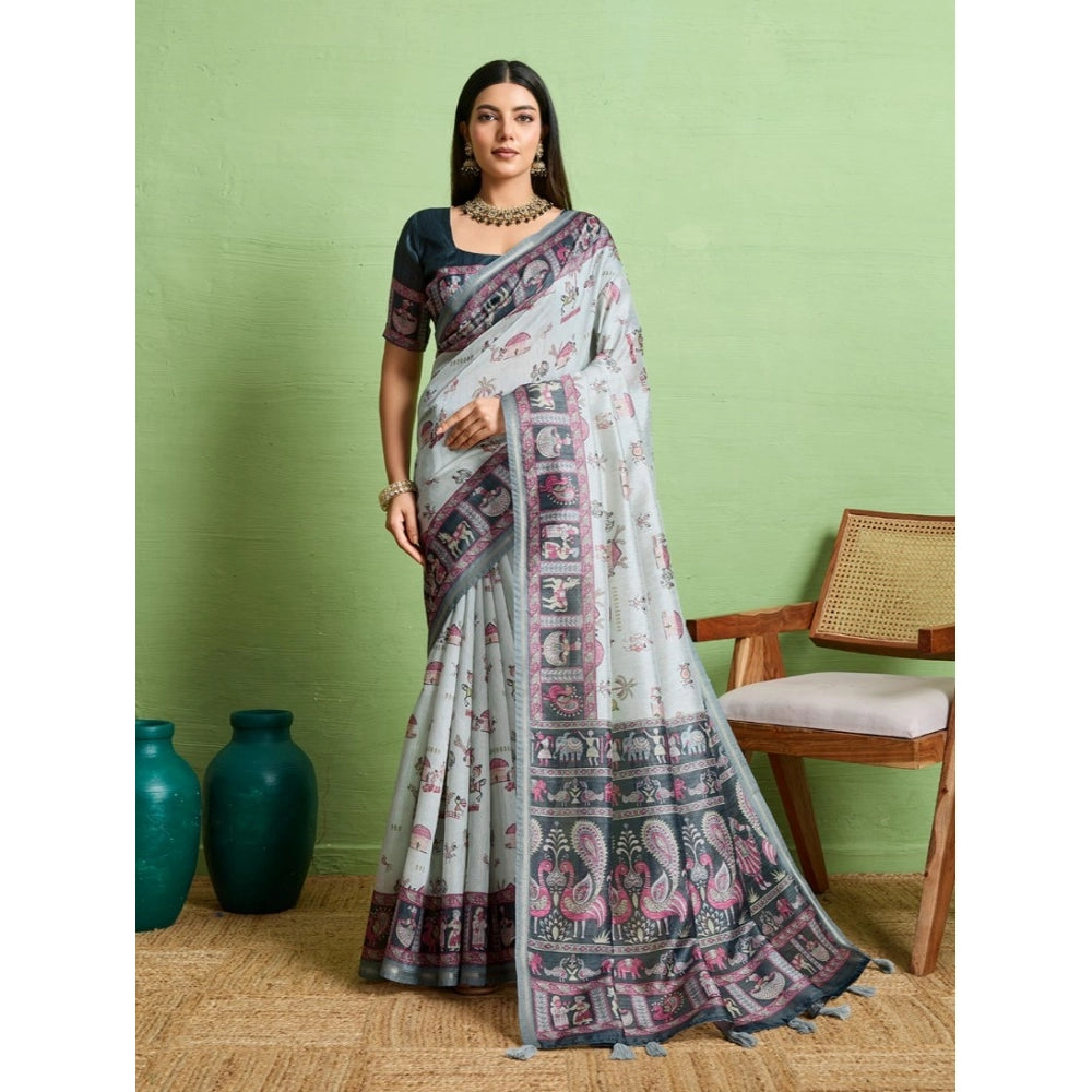 Seduva Women's Silk Blend Printed Saree With Unstitched Blouse 5.5Mtr (Grey)