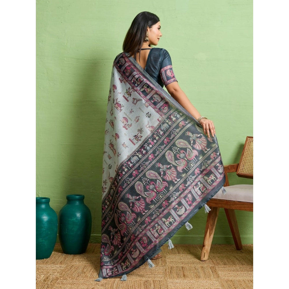Seduva Women's Silk Blend Printed Saree With Unstitched Blouse 5.5Mtr (Grey)
