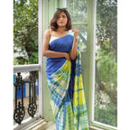 Seduva Women's Linen Printed Saree With Unstitched Blouse 5.5Mtr (Blue)