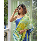 Seduva Women's Linen Printed Saree With Unstitched Blouse 5.5Mtr (Blue)