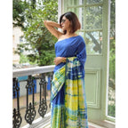 Seduva Women's Linen Printed Saree With Unstitched Blouse 5.5Mtr (Blue)