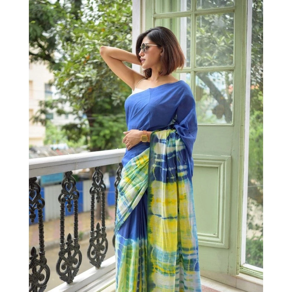 Seduva Women's Linen Printed Saree With Unstitched Blouse 5.5Mtr (Blue)