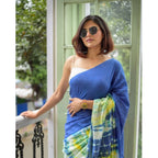 Seduva Women's Linen Printed Saree With Unstitched Blouse 5.5Mtr (Blue)