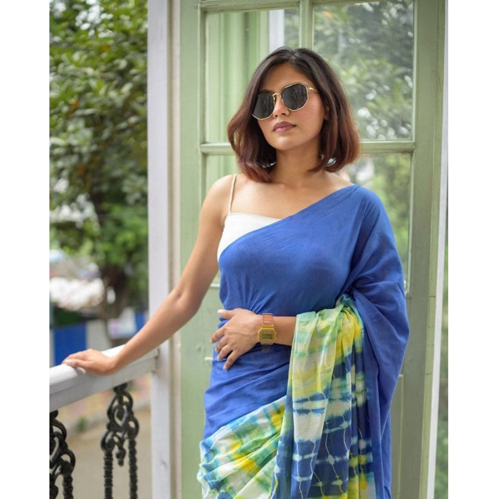 Seduva Women's Linen Printed Saree With Unstitched Blouse 5.5Mtr (Blue)