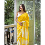 Seduva Women's Linen Printed Saree With Unstitched Blouse 5.5Mtr (Yellow)