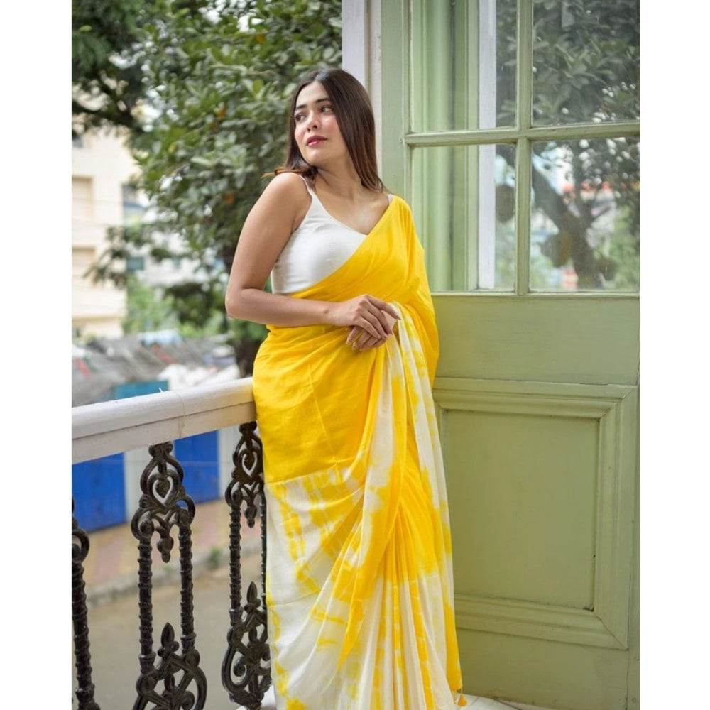 Seduva Women's Linen Printed Saree With Unstitched Blouse 5.5Mtr (Yellow)