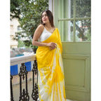 Seduva Women's Linen Printed Saree With Unstitched Blouse 5.5Mtr (Yellow)