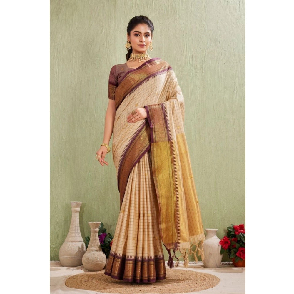 Seduva Women's Silk Blended Jaquard Woven Saree With Unstitched Blouse 5.5Mtr (Beige)