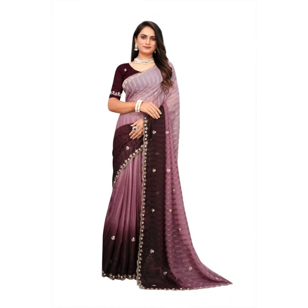 Seduva Women's Chiffon Embroidred Saree With Unstitched Blouse 5.5Mtr (Beige)