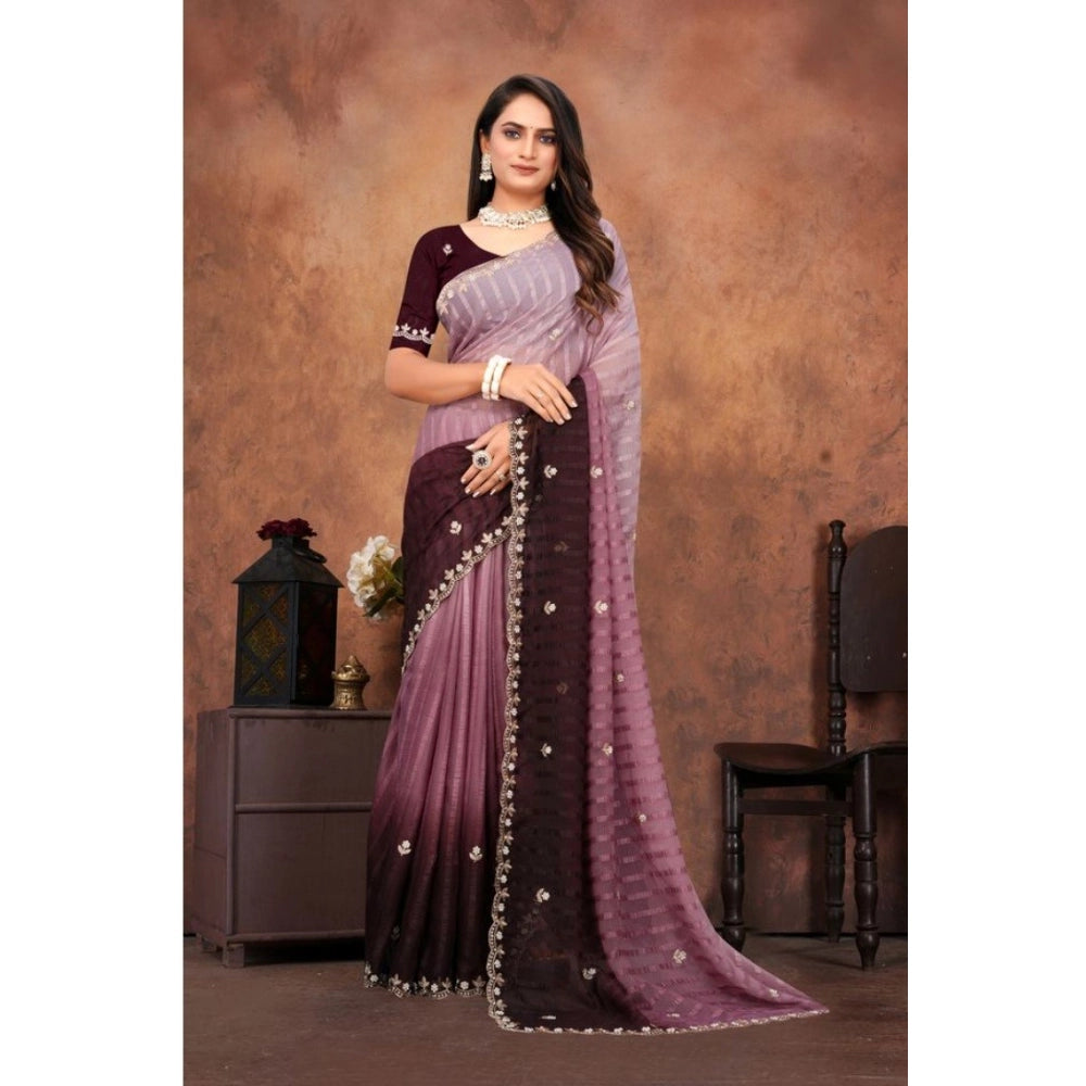 Seduva Women's Chiffon Embroidred Saree With Unstitched Blouse 5.5Mtr (Beige)