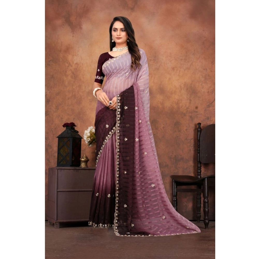 Seduva Women's Chiffon Embroidred Saree With Unstitched Blouse 5.5Mtr (Beige)