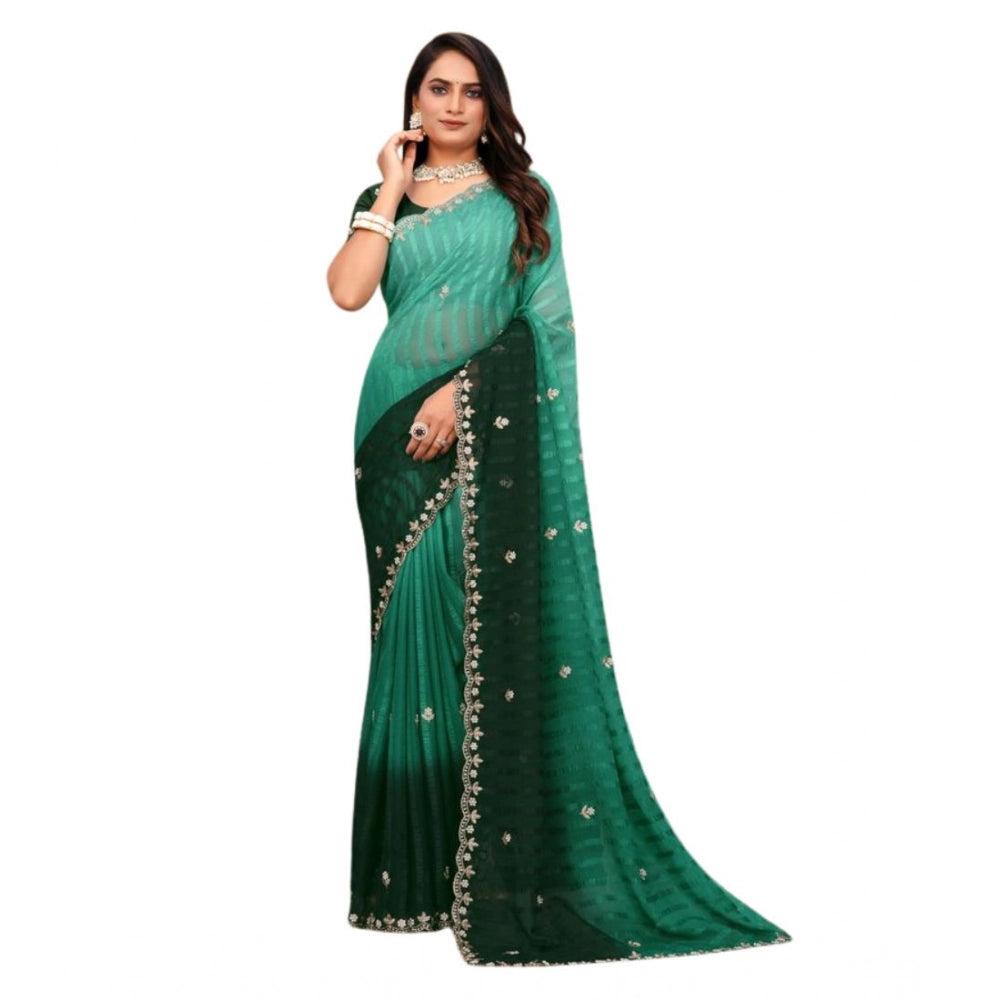 Seduva Women's Chiffon Embroidred Saree With Unstitched Blouse 5.5Mtr (Dark Green)