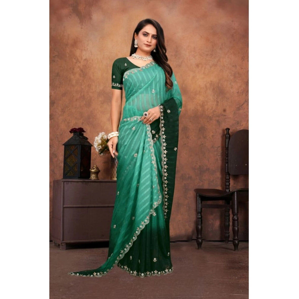 Seduva Women's Chiffon Embroidred Saree With Unstitched Blouse 5.5Mtr (Dark Green)