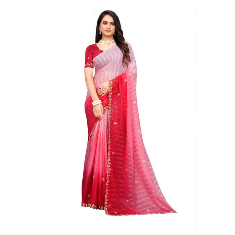 Seduva Women's Chiffon Embroidred Saree With Unstitched Blouse 5.5Mtr (Pink)