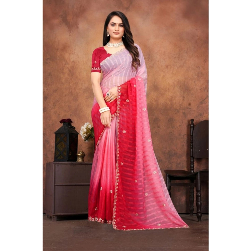 Seduva Women's Chiffon Embroidred Saree With Unstitched Blouse 5.5Mtr (Pink)