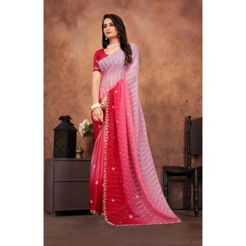 Seduva Women's Chiffon Embroidred Saree With Unstitched Blouse 5.5Mtr (Pink)