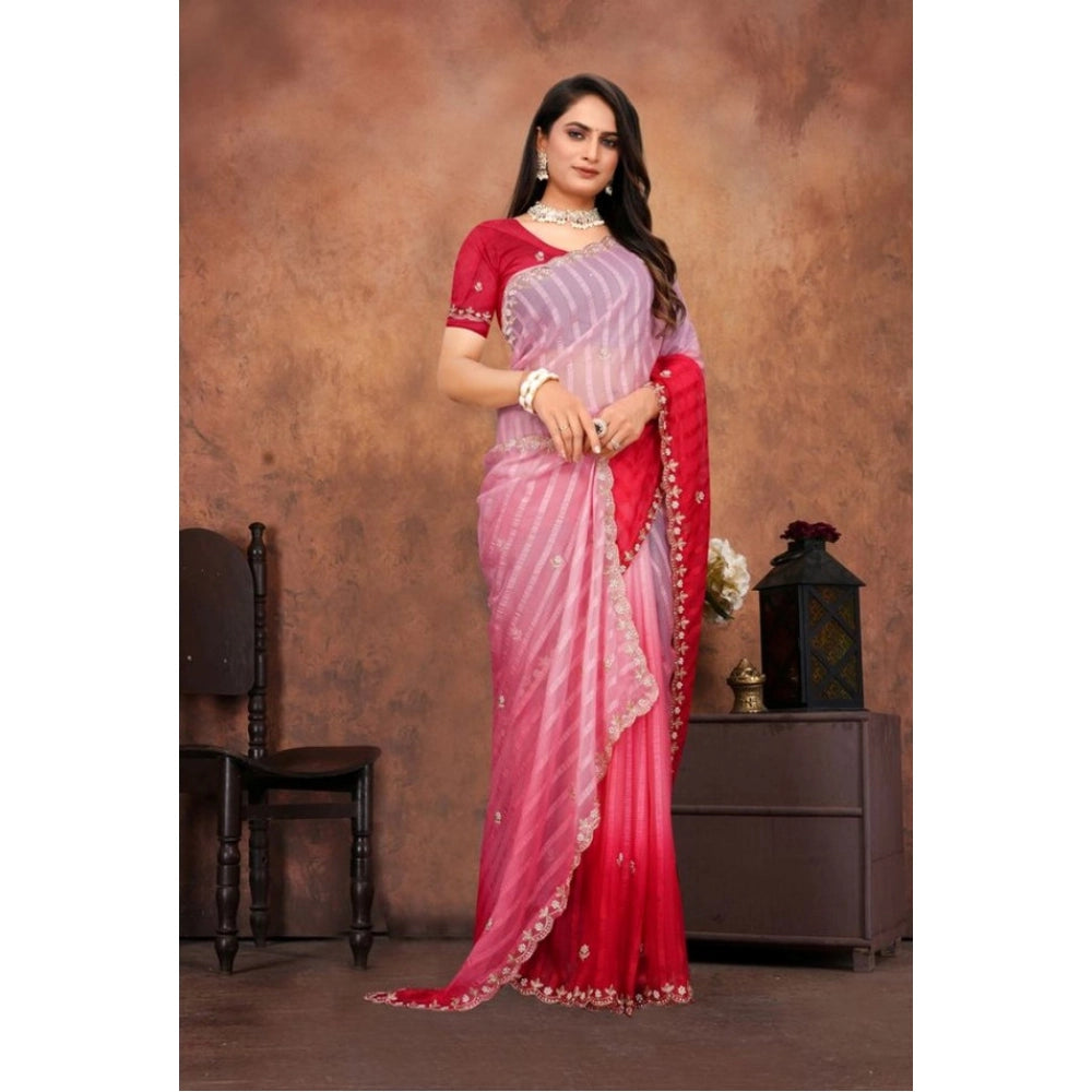 Seduva Women's Chiffon Embroidred Saree With Unstitched Blouse 5.5Mtr (Pink)