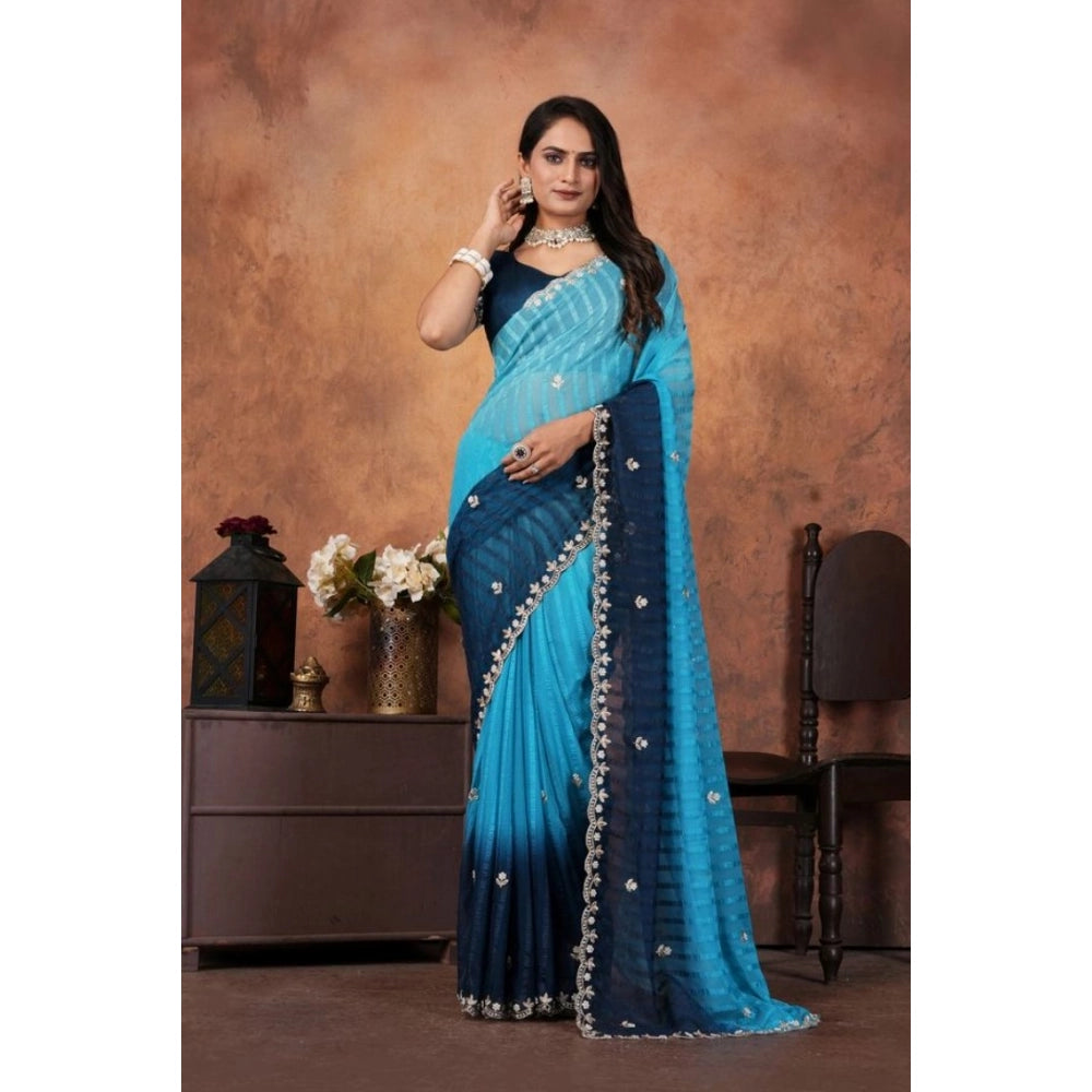 Seduva Women's Chiffon Embroidred Saree With Unstitched Blouse 5.5Mtr (Light Blue)
