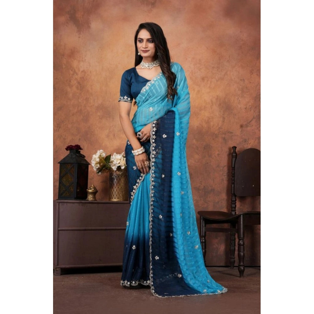 Seduva Women's Chiffon Embroidred Saree With Unstitched Blouse 5.5Mtr (Light Blue)