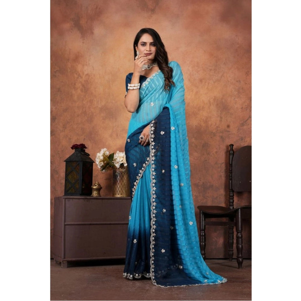 Seduva Women's Chiffon Embroidred Saree With Unstitched Blouse 5.5Mtr (Light Blue)