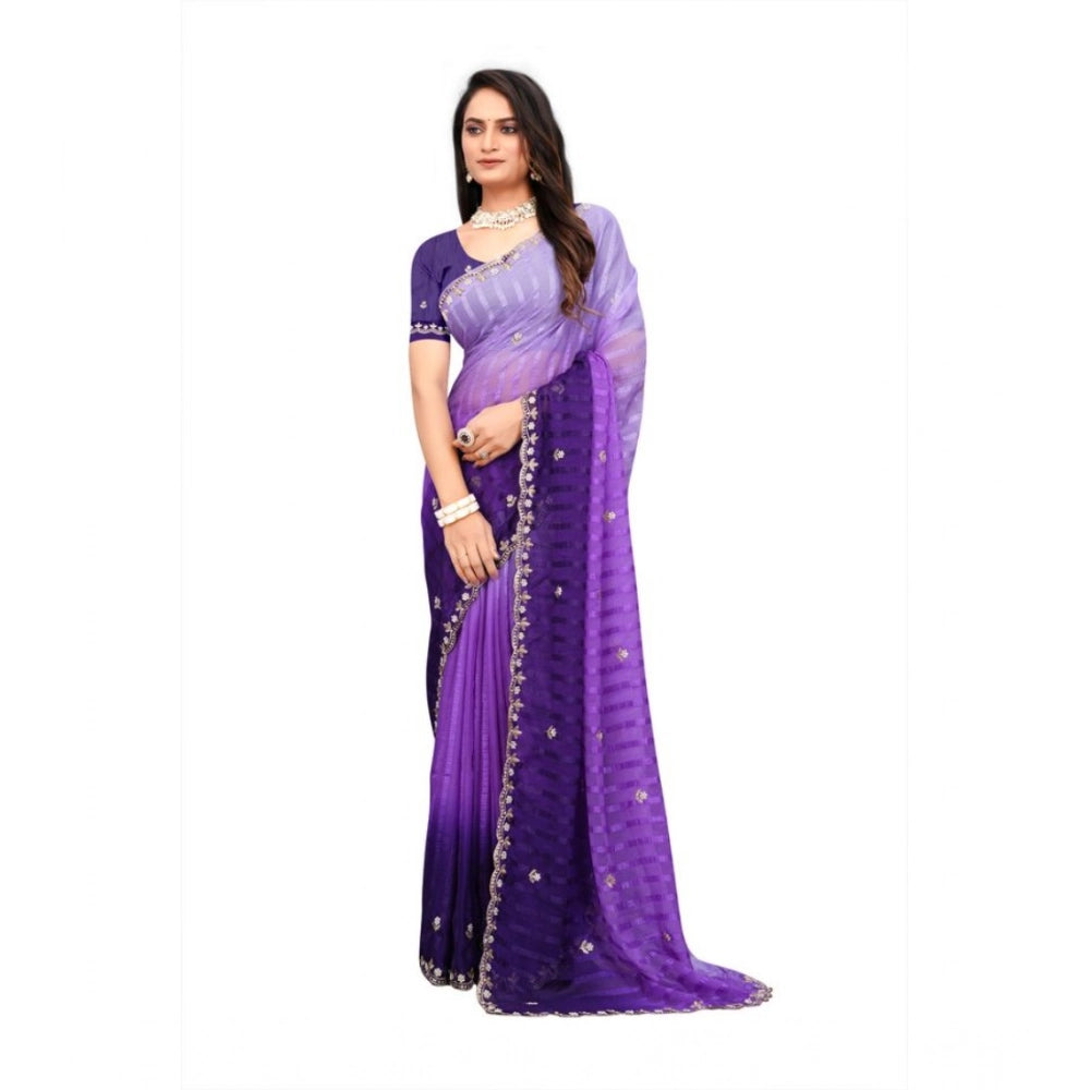 Seduva Women's Chiffon Embroidred Saree With Unstitched Blouse 5.5Mtr (Purple)