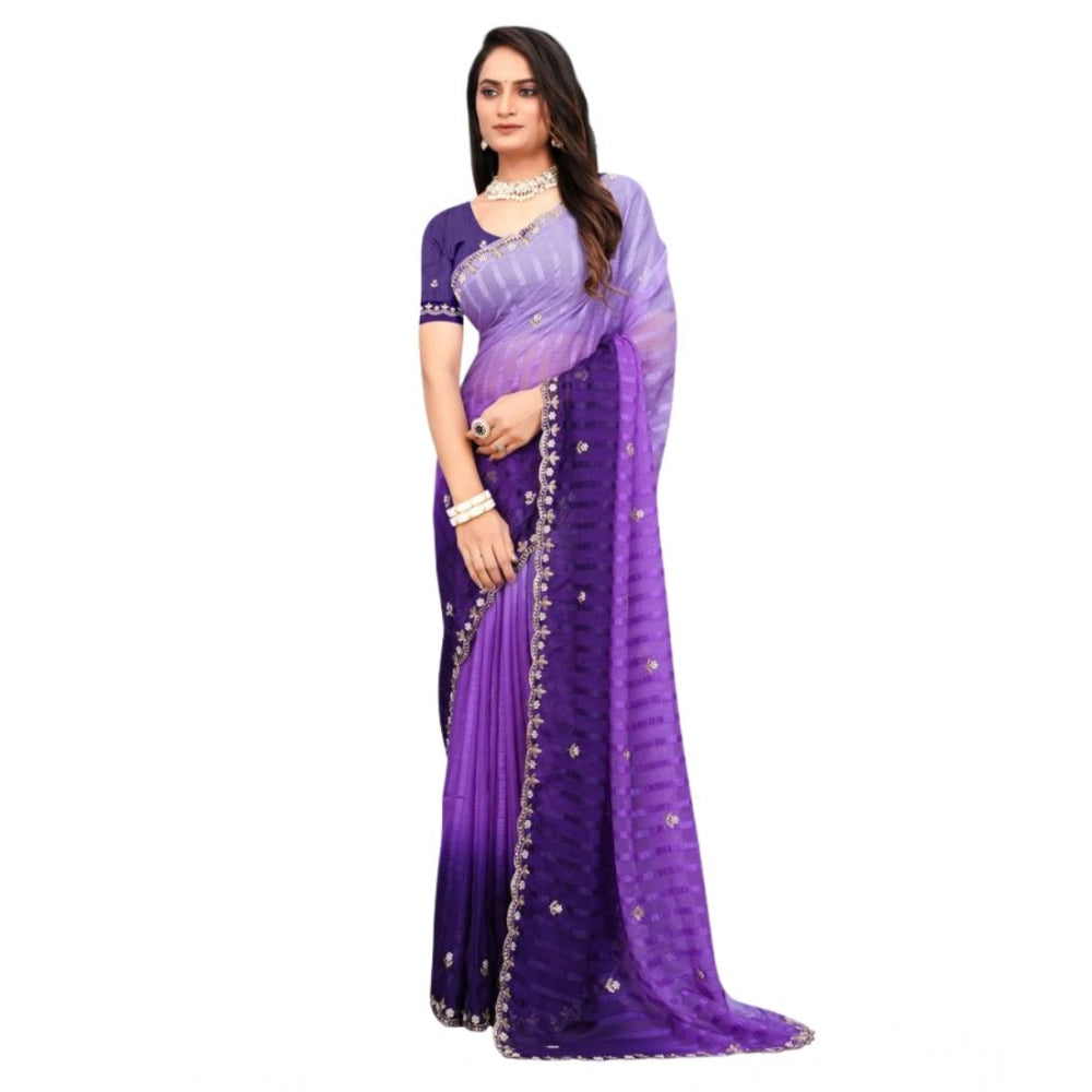Seduva Women's Chiffon Embroidred Saree With Unstitched Blouse 5.5Mtr (Purple)