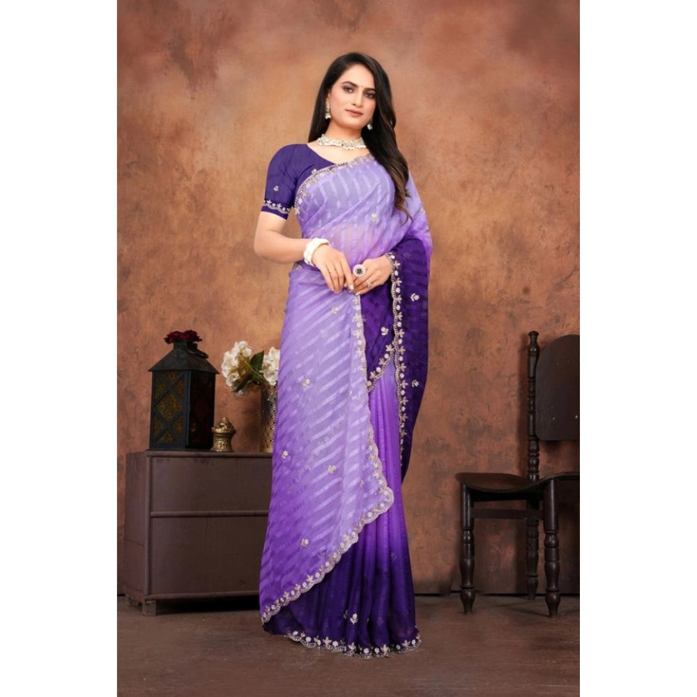 Seduva Women's Chiffon Embroidred Saree With Unstitched Blouse 5.5Mtr (Purple)