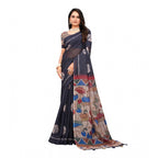 Seduva Women's Linen Printed Saree With Unstitched Blouse 5.5Mtr (Black)