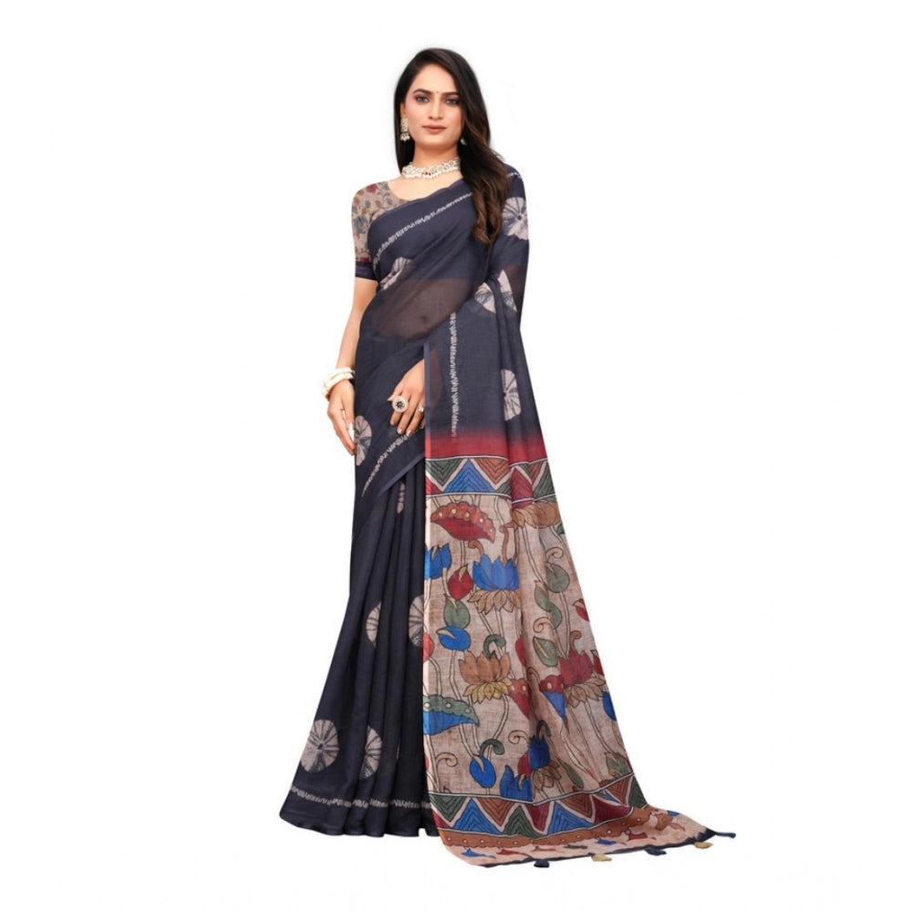 Seduva Women's Linen Printed Saree With Unstitched Blouse 5.5Mtr (Black)
