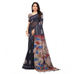 Seduva Women's Linen Printed Saree With Unstitched Blouse 5.5Mtr (Black)