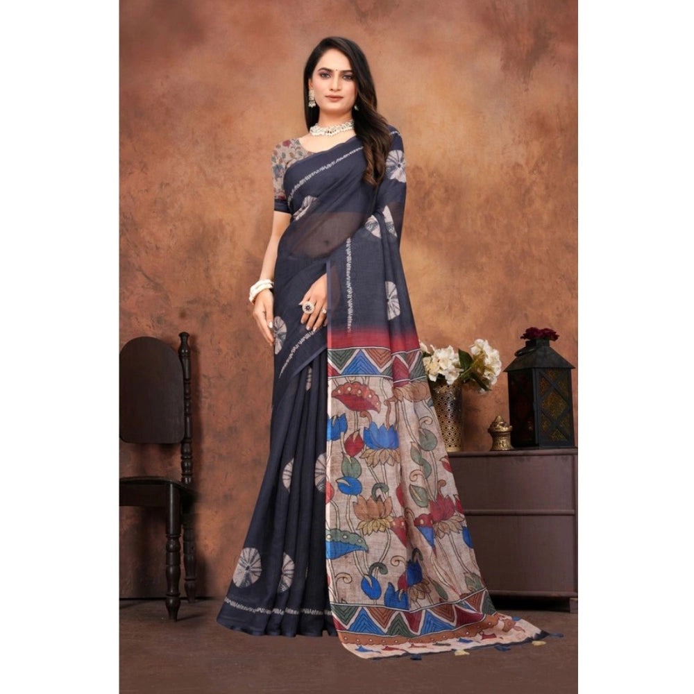 Seduva Women's Linen Printed Saree With Unstitched Blouse 5.5Mtr (Black)
