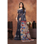 Seduva Women's Linen Printed Saree With Unstitched Blouse 5.5Mtr (Black)