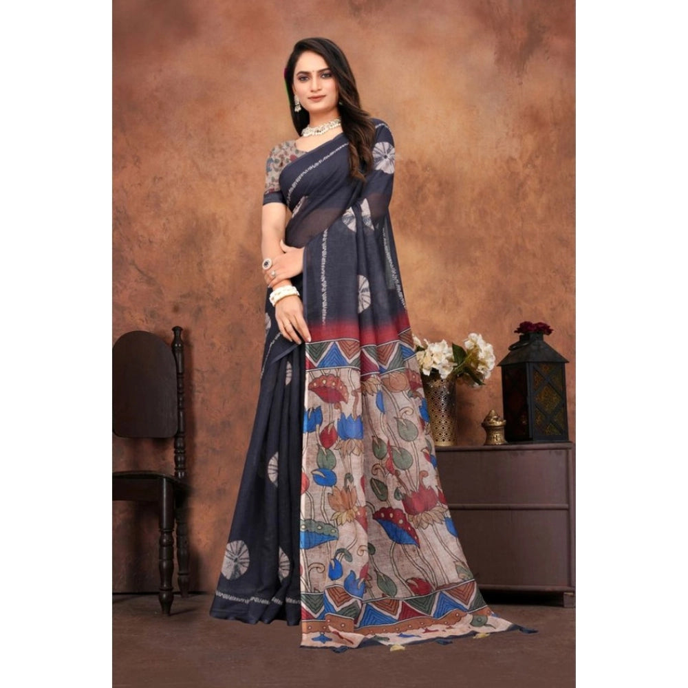 Seduva Women's Linen Printed Saree With Unstitched Blouse 5.5Mtr (Black)