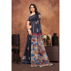 Seduva Women's Linen Printed Saree With Unstitched Blouse 5.5Mtr (Black)