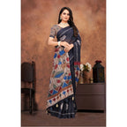 Seduva Women's Linen Printed Saree With Unstitched Blouse 5.5Mtr (Black)