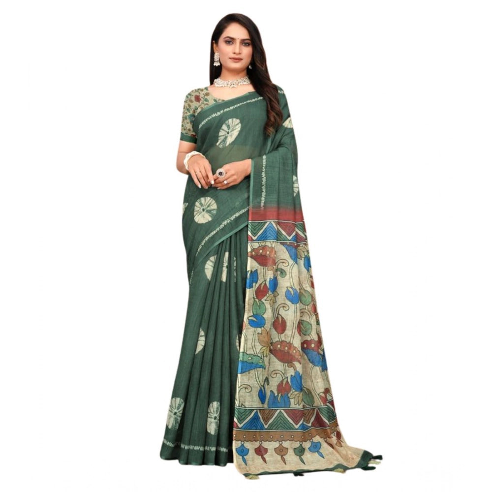 Seduva Women's Linen Printed Saree With Unstitched Blouse 5.5Mtr (Dark Green)
