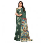 Seduva Women's Linen Printed Saree With Unstitched Blouse 5.5Mtr (Dark Green)
