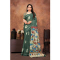 Seduva Women's Linen Printed Saree With Unstitched Blouse 5.5Mtr (Dark Green)