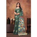 Seduva Women's Linen Printed Saree With Unstitched Blouse 5.5Mtr (Dark Green)