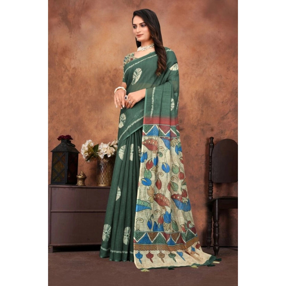 Seduva Women's Linen Printed Saree With Unstitched Blouse 5.5Mtr (Dark Green)