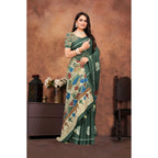 Seduva Women's Linen Printed Saree With Unstitched Blouse 5.5Mtr (Dark Green)