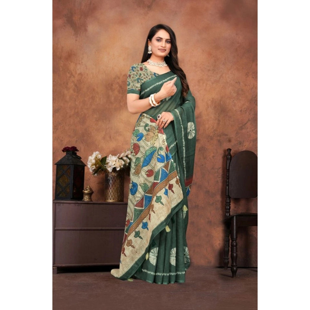 Seduva Women's Linen Printed Saree With Unstitched Blouse 5.5Mtr (Dark Green)