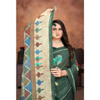 Seduva Women's Linen Printed Saree With Unstitched Blouse 5.5Mtr (Dark Green)