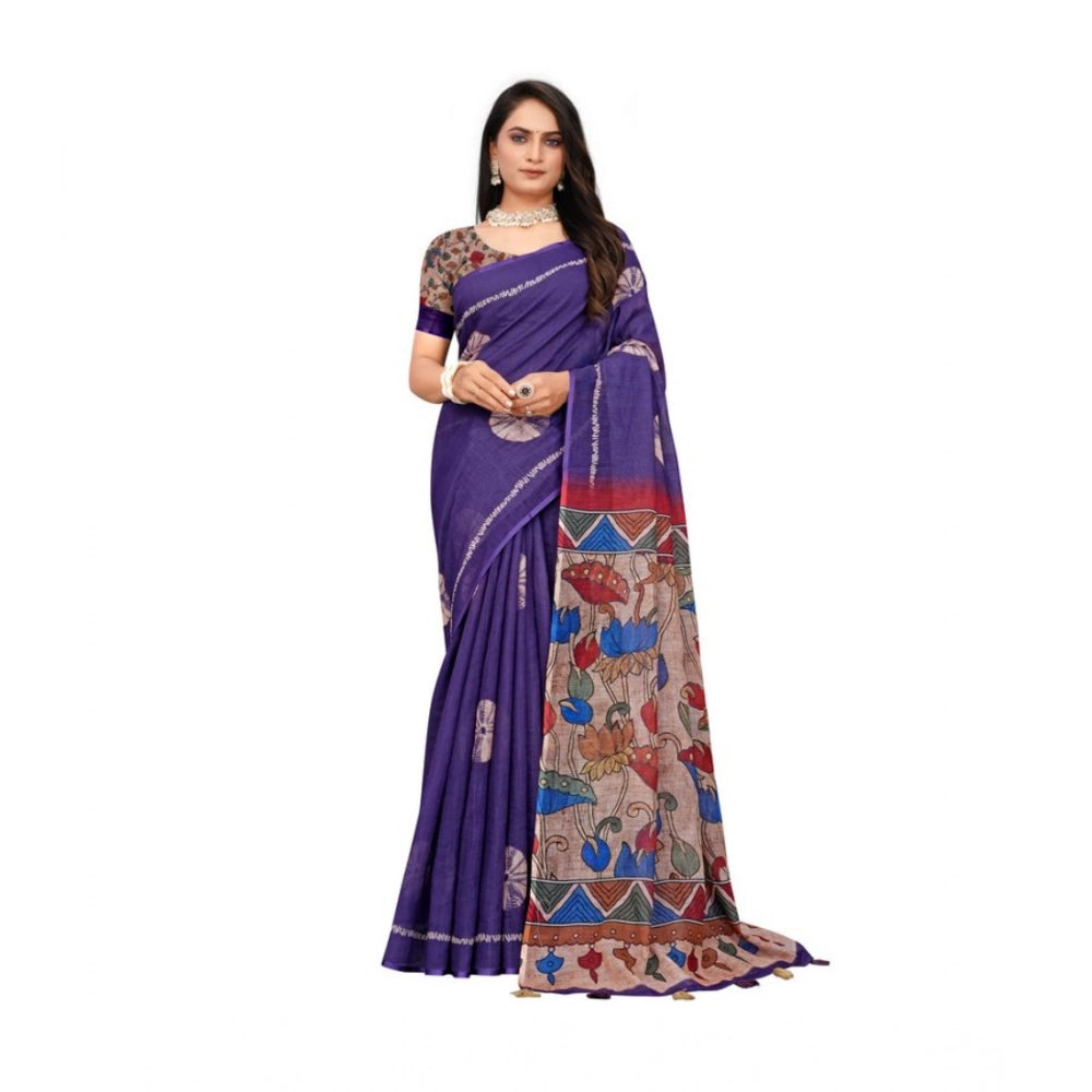 Seduva Women's Linen Printed Saree With Unstitched Blouse 5.5Mtr (Purple)