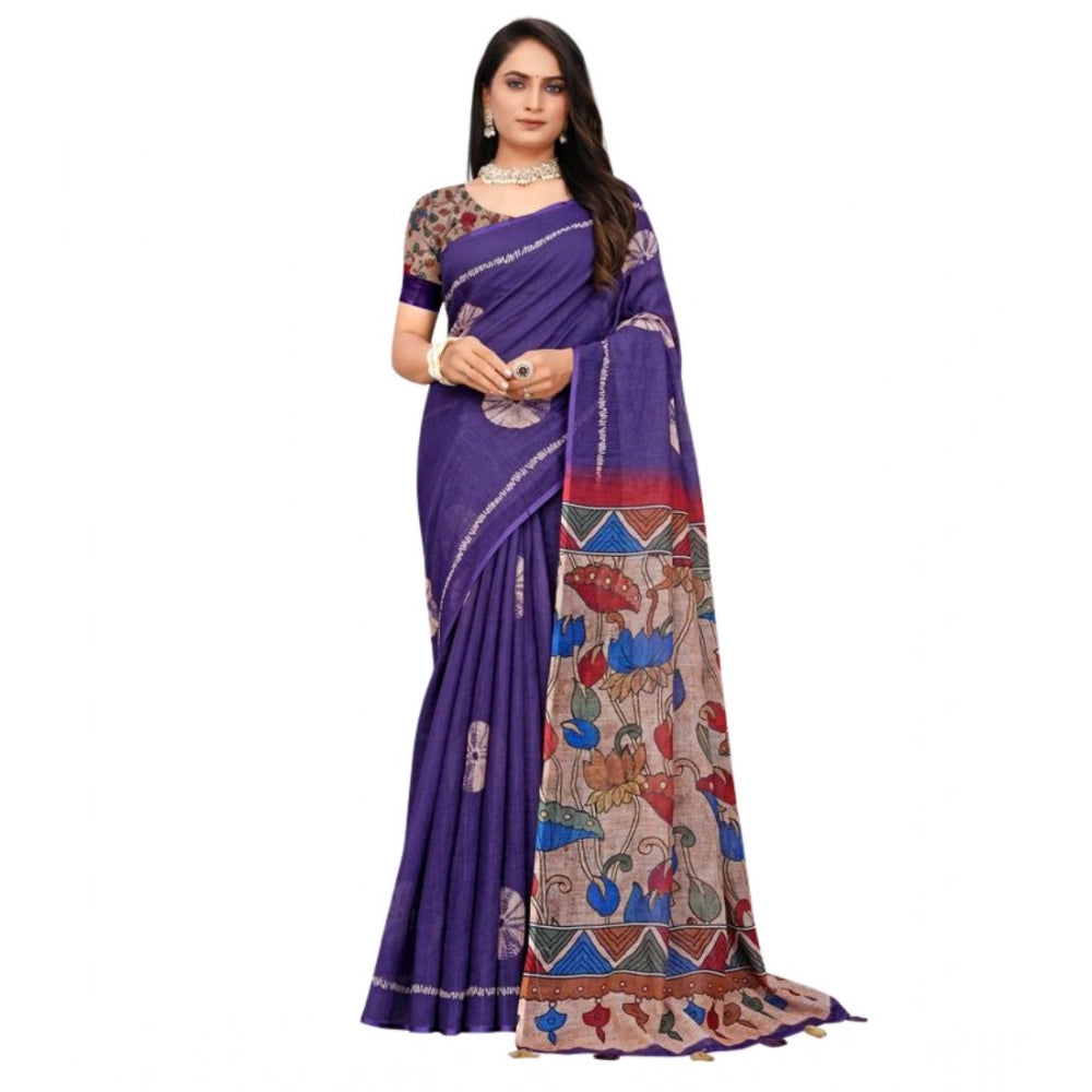 Seduva Women's Linen Printed Saree With Unstitched Blouse 5.5Mtr (Purple)